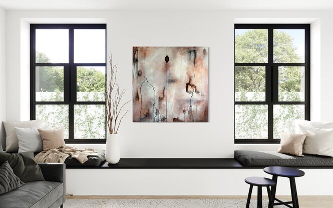 Illumination is a large layered abstract painting painted in luminous warm tones including copper contrasted with cool white, grey and black elements. The work includes many layers and transparencies and symbolism.