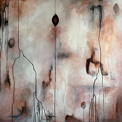 Illumination is a large layered abstract painting painted in luminous warm tones including copper contrasted with cool white, grey and black elements. The work includes many layers and transparencies and symbolism.