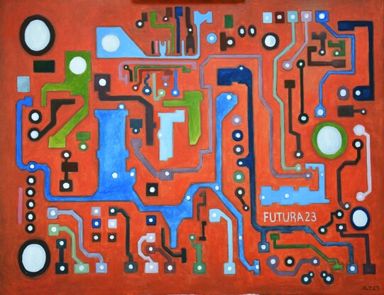 Multicoloured components of a circuit arranged on an orange background. 