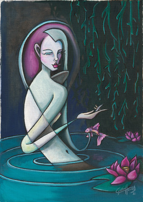 Willow leaves drape a dark background above a body of water. Half submerged is a woman, who holds out her hand. A pink fish leaps out of the water in her direction. The water ripples are interrupted by pink lotus flowers and lilies. 