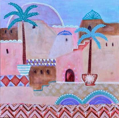 Old buildings and palm trees and abstract view of a Moroccan medina 