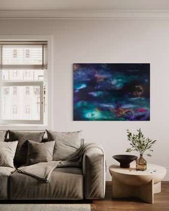 Large painting with violet, dark sea green, blues and small fine areas of gold, painted in layers of rich colour. Abstract seascape/landscape, internal landscape of the mind. Meditative feeling, bold colours.