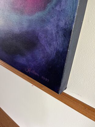 Large painting with violet, dark sea green, blues and small fine areas of gold, painted in layers of rich colour. Abstract seascape/landscape, internal landscape of the mind. Meditative feeling, bold colours.