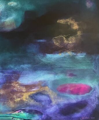 Large painting with violet, dark sea green, blues and small fine areas of gold, painted in layers of rich colour. Abstract seascape/landscape, internal landscape of the mind. Meditative feeling, bold colours.