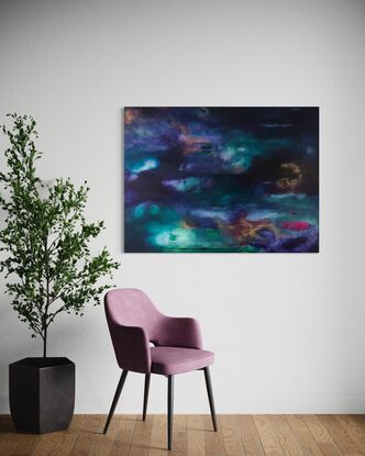 Large painting with violet, dark sea green, blues and small fine areas of gold, painted in layers of rich colour. Abstract seascape/landscape, internal landscape of the mind. Meditative feeling, bold colours.