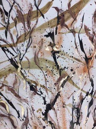 A large painting of seaweed with metallic gold, ochre,  burnt orange, pale terracotta, khaki, green  black and white.