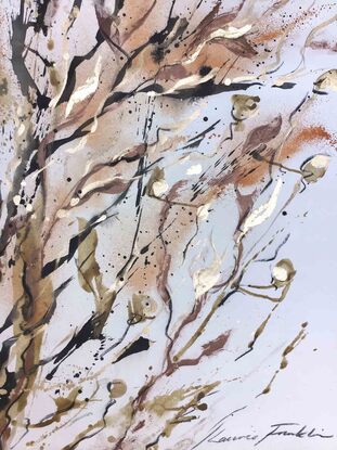 A large painting of seaweed with metallic gold, ochre,  burnt orange, pale terracotta, khaki, green  black and white.