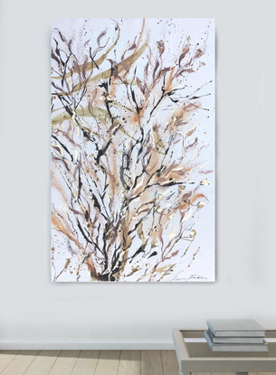 A large painting of seaweed with metallic gold, ochre,  burnt orange, pale terracotta, khaki, green  black and white.