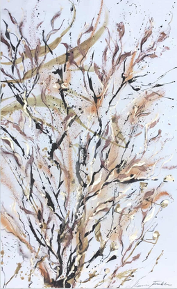 A large painting of seaweed with metallic gold, ochre,  burnt orange, pale terracotta, khaki, green  black and white.