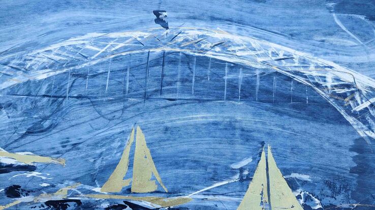 A large dark blue and white abstract depicting racing sailboats , the Sydney Opera House and the Harbour Bridge.