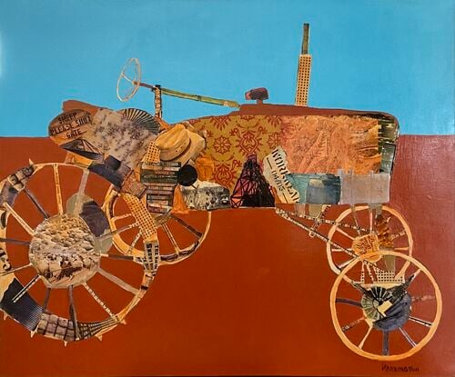 Collage from rural publications create old farm machinery.