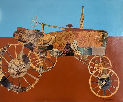 Collage from rural publications create old farm machinery.