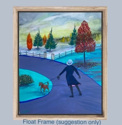 Atmospheric bright Blue Mountains autumnal streetscape depicting a woman walking her dog. Acrylics on cradled smooth art panel.