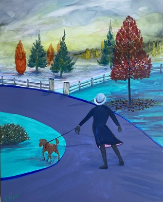 Atmospheric bright Blue Mountains autumnal streetscape depicting a woman walking her dog. Acrylics on cradled smooth art panel.