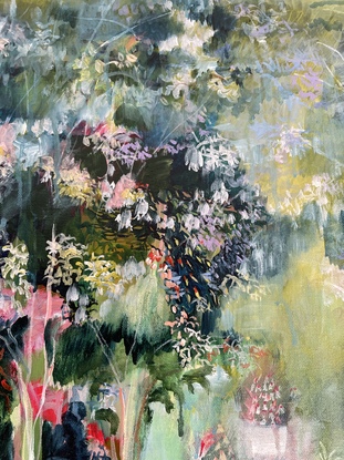 Are predominantly green painting with pops of colour and white flowers emerging from the dark foliage. Overall, the painting is relatively obstructed, but a definite landscape and Treeo like farms emerge.