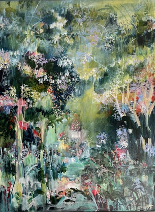 Are predominantly green painting with pops of colour and white flowers emerging from the dark foliage. Overall, the painting is relatively obstructed, but a definite landscape and Treeo like farms emerge.