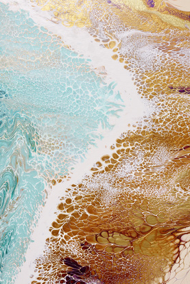 ABSTRACT painting that gives the impression of soothing ocean waves lapping in to soft sandy beach with slow easy waves creating crests of whtie..  The intricate mosaic pattern within the tonal teal and green hues and the glimmering metallics adds added interest and intrigue.
The closer you get to the painting the more of the interesting details and patterns you can see. Metallics add an extra depth because the painting changes personality when one views from different angles.