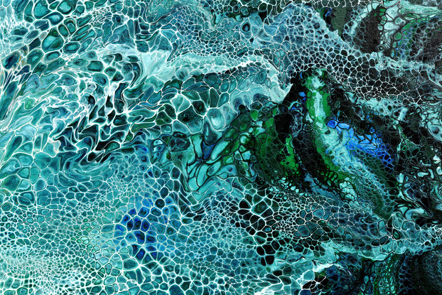 ABSTRACT painting that gives the impression of soothing ocean waves lapping in to soft sandy beach with slow easy waves creating crests of whtie..  The intricate mosaic pattern within the tonal teal and green hues and the glimmering metallics adds added interest and intrigue.
The closer you get to the painting the more of the interesting details and patterns you can see. Metallics add an extra depth because the painting changes personality when one views from different angles.