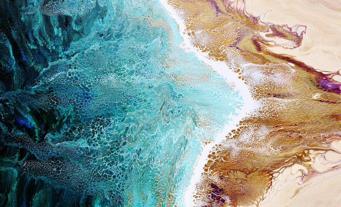 ABSTRACT painting that gives the impression of soothing ocean waves lapping in to soft sandy beach with slow easy waves creating crests of whtie..  The intricate mosaic pattern within the tonal teal and green hues and the glimmering metallics adds added interest and intrigue.
The closer you get to the painting the more of the interesting details and patterns you can see. Metallics add an extra depth because the painting changes personality when one views from different angles.