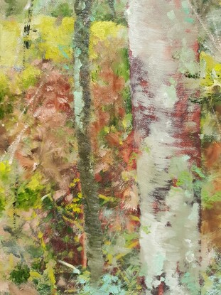 Landscape painting of green mossy forest with mossy rocks and lichen, by Victoria Collins. Soft green tones with teal and dusky rose undertones. 