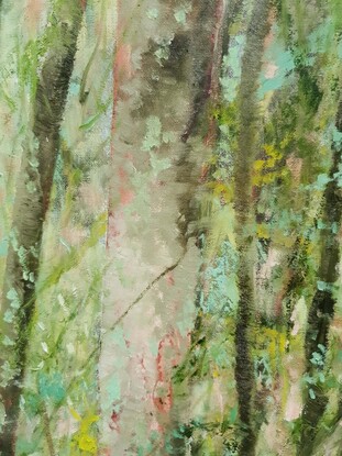 Landscape painting of green mossy forest with mossy rocks and lichen, by Victoria Collins. Soft green tones with teal and dusky rose undertones. 