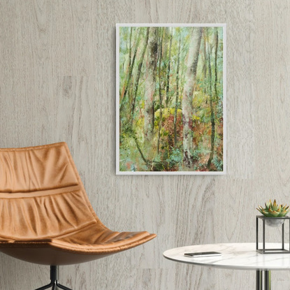 Landscape painting of green mossy forest with mossy rocks and lichen, by Victoria Collins. Soft green tones with teal and dusky rose undertones. 