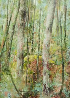 Landscape painting of green mossy forest with mossy rocks and lichen, by Victoria Collins. Soft green tones with teal and dusky rose undertones. 