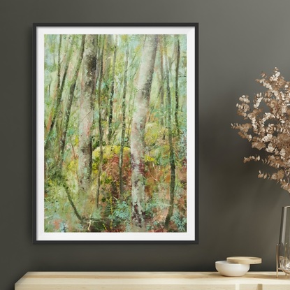 Landscape painting of green mossy forest with mossy rocks and lichen, by Victoria Collins. Soft green tones with teal and dusky rose undertones. 