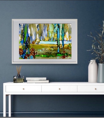 A framed strong artwork. A flowing abstracted  landscape hand painted in professional grade inks in ochre lavender and grey, inspired by the spectacular gardens and lakes at Mt Wilson of NSW