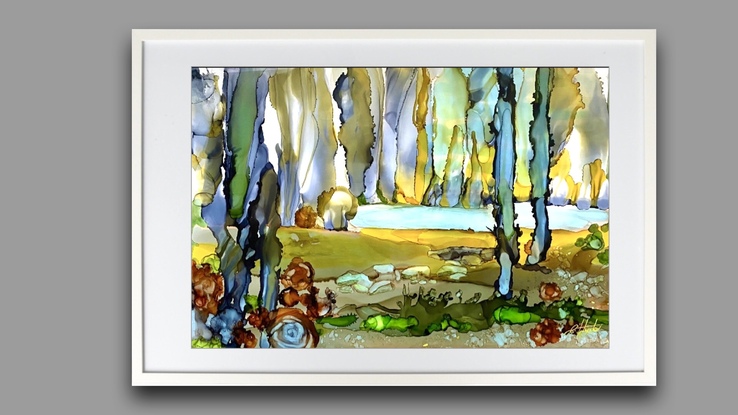 A framed strong artwork. A flowing abstracted  landscape hand painted in professional grade inks in ochre lavender and grey, inspired by the spectacular gardens and lakes at Mt Wilson of NSW