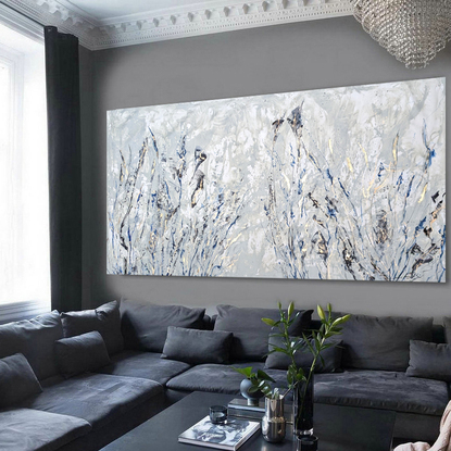 A large abstract painting of the Australian indigenous plants and wild grass in pale grey, brown, copper and white.