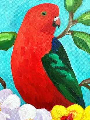 Oil painting of two Australian King Parrots.