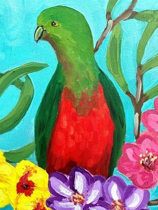 Oil painting of two Australian King Parrots.