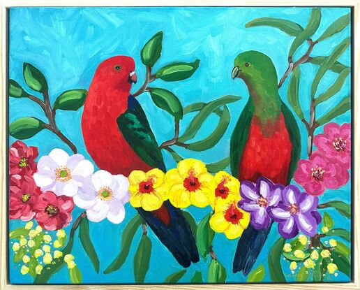 Oil painting of two Australian King Parrots.