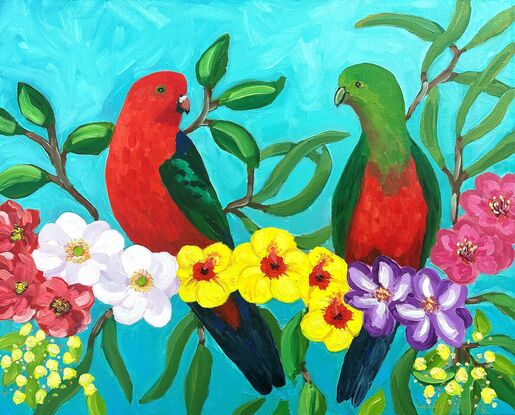 Oil painting of two Australian King Parrots.