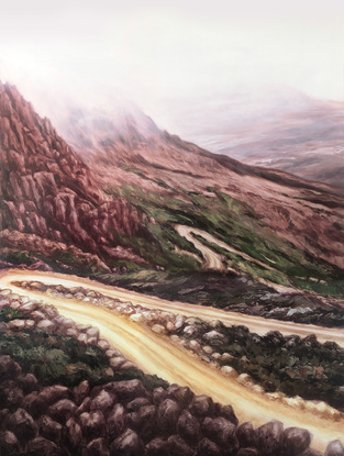 textured oil paintings in maroons and greens featuring the winding road up Mount Barrow in Tasmania. 