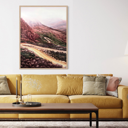 textured oil paintings in maroons and greens featuring the winding road up Mount Barrow in Tasmania. 