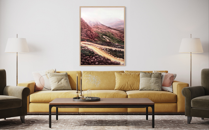 textured oil paintings in maroons and greens featuring the winding road up Mount Barrow in Tasmania. 