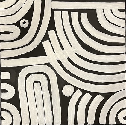 This striking abstract work plays on the imagery of a zebra's distinctive black and white stripes. Against a deep black background, bold white stripes crisscross the canvas with energy that evokes the untamed spirit of the African savannah. Each stripe creates a sense of movement and rhythm as they eave and converge across the surface. The contrast between light and dark imbues the painting with a sense of drama and dynamism, whilst highlighting the innate beauty of simplicity and symmetry.