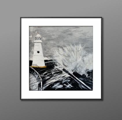 "Stormy Seas" is a captivating artwork depicting tumultuous waves crashing against a lighthouse break wall. The contrast of black and white enhances the intensity of the scene, emphasising the power and drama of the stormy sea. The waves convey a sense of motion and turbulence, whilst the lighthouse stands stadfast amidst the chaos, serving as a beacon of hope and resilience.