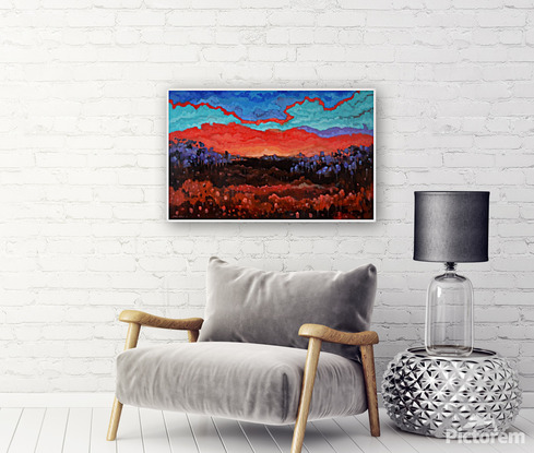 Landscape  with sunset, trees, vibrant colors.