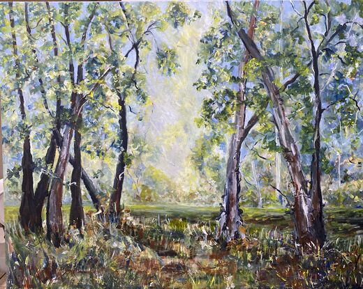 A beautiful clearing filled with golden sunlight in the break of two bands of trees. With this painting you can have your own calming piece of the Australian bush right in your room.  You can almost feel the heat of the sun, feel the crackle of the dry brush under your feet and smell the gum trees. A simple, soothing scene. 