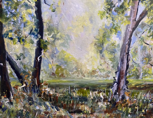 A beautiful clearing filled with golden sunlight in the break of two bands of trees. With this painting you can have your own calming piece of the Australian bush right in your room.  You can almost feel the heat of the sun, feel the crackle of the dry brush under your feet and smell the gum trees. A simple, soothing scene. 