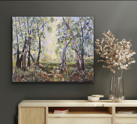 A beautiful clearing filled with golden sunlight in the break of two bands of trees. With this painting you can have your own calming piece of the Australian bush right in your room.  You can almost feel the heat of the sun, feel the crackle of the dry brush under your feet and smell the gum trees. A simple, soothing scene. 