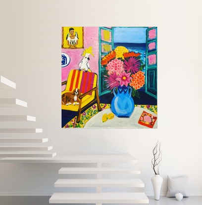 Features an open French door (inspired by Matisse) with the sea. I’ve chosen pops of vibrant colour - mainly pink, yellow and blue), a blue vase filled with Dhalia flowers sits on a coffee table, my dog, Charlie is reclining on an arm chair and a cheeky cockatoo sits atop the chair singing.