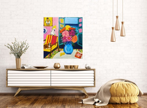 Features an open French door (inspired by Matisse) with the sea. I’ve chosen pops of vibrant colour - mainly pink, yellow and blue), a blue vase filled with Dhalia flowers sits on a coffee table, my dog, Charlie is reclining on an arm chair and a cheeky cockatoo sits atop the chair singing.