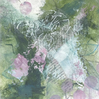 Soft pinks and whites on a green back ground with the suggestion of leaf shapes.