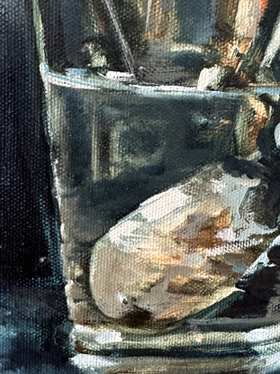 Oil painting of a glass half full of water and the refractions of the silver spoon that is suspended in it. 