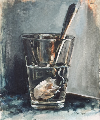 Oil painting of a glass half full of water and the refractions of the silver spoon that is suspended in it. 