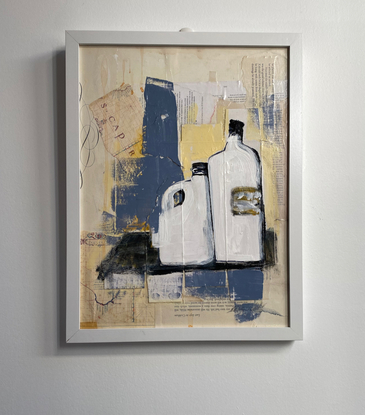 A still life of two plastic bottles using a limited palette of creams, greys, black and white and incorporating collage.